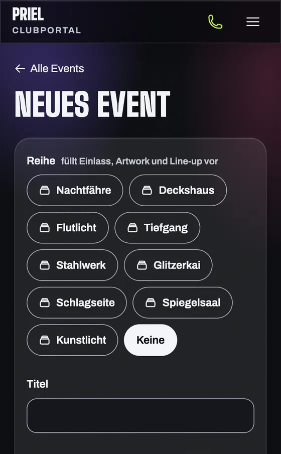 Clubportal am Handy: die Maske „Neues Event" mit den Reihen des Clubs zur Auswahl und dem Feld für den Titel.