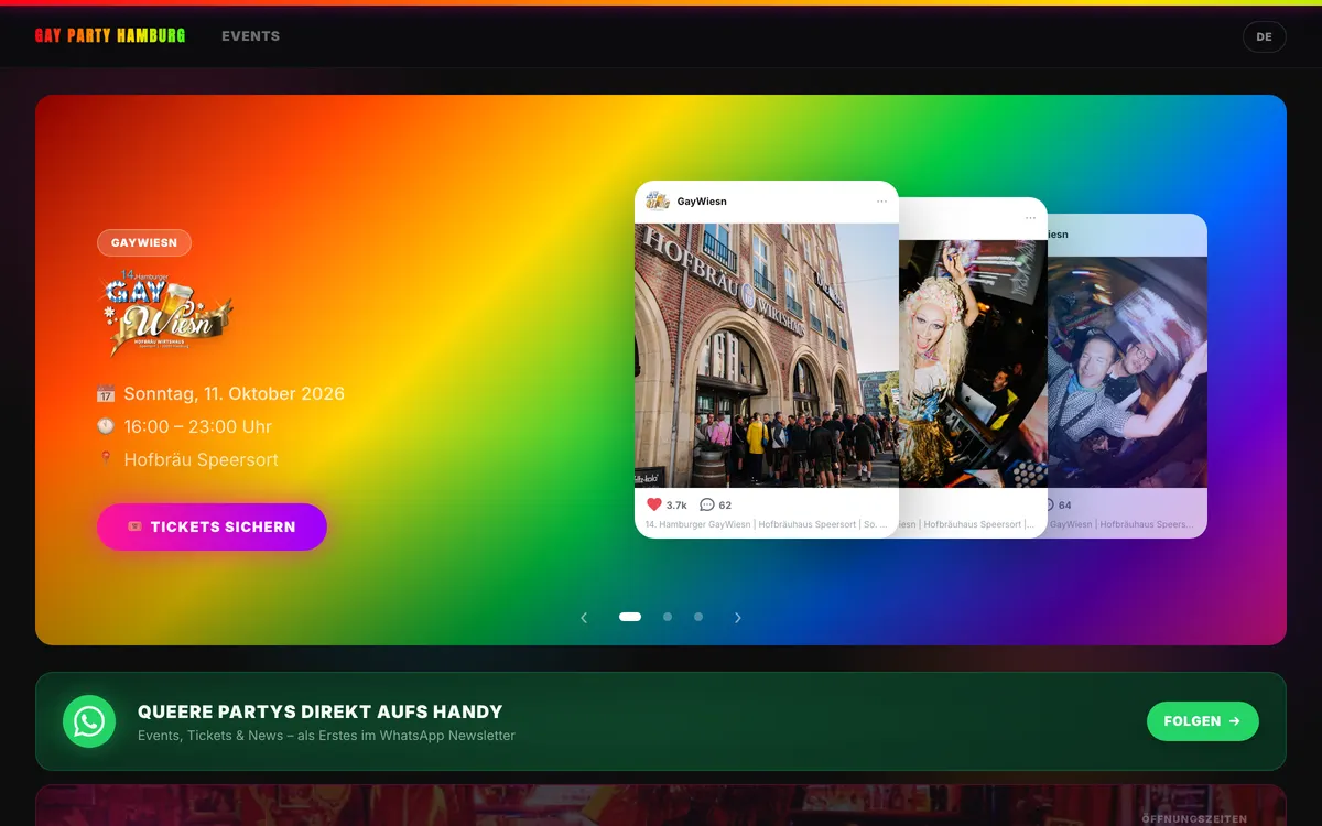 Startseite von Gay Party Hamburg: der nächste Termin auf einer Fläche in Regenbogenfarben, daneben Bilder vergangener Abende.