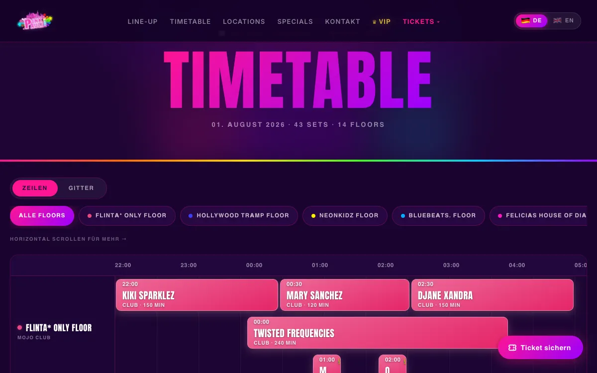Timetable des Pink Pauli Festivals: 43 Sets auf 14 Floors, darunter ein Zeitraster von 22 bis 5 Uhr mit den Auftritten als pinke Balken je Floor.