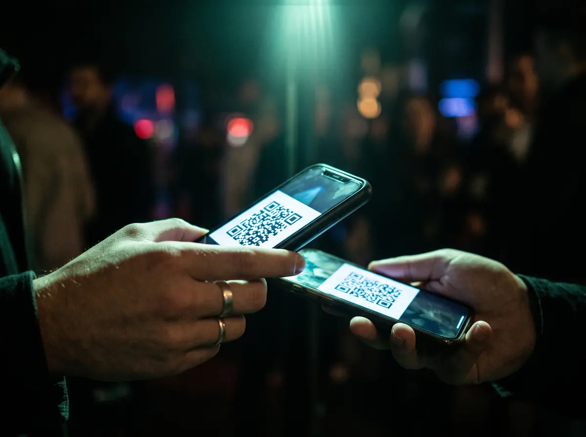 Zwei Hände halten Smartphones aneinander: Das eine scannt den QR-Code eines Tickets auf dem Display des anderen.
