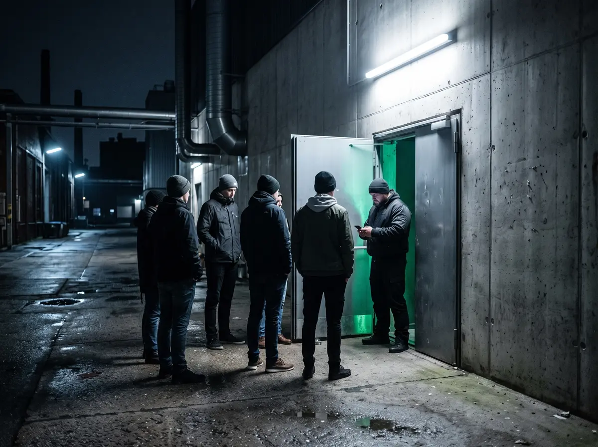 Kurze Warteschlange vor einer Stahltür an einem Industriegebäude bei Nacht; aus dem Türspalt fällt grünes Licht, ein Türsteher hält ein Smartphone.
